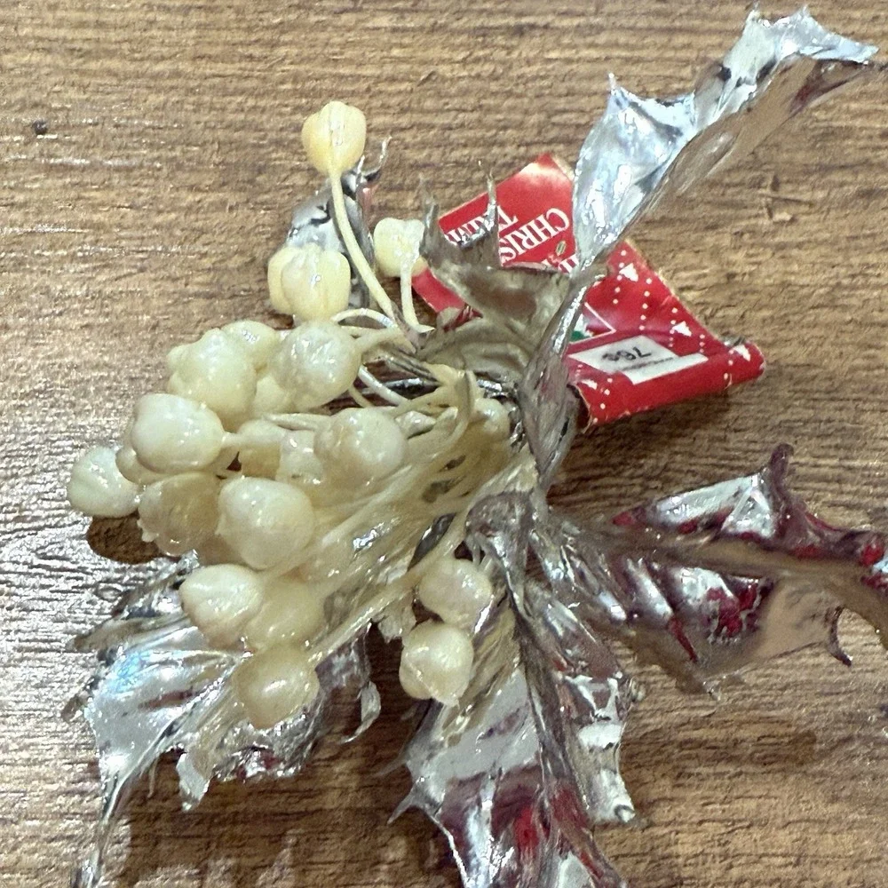 Christmas Corsage Vintage Lot 3 Holly Red Silver Ribbon Flowers Vtg